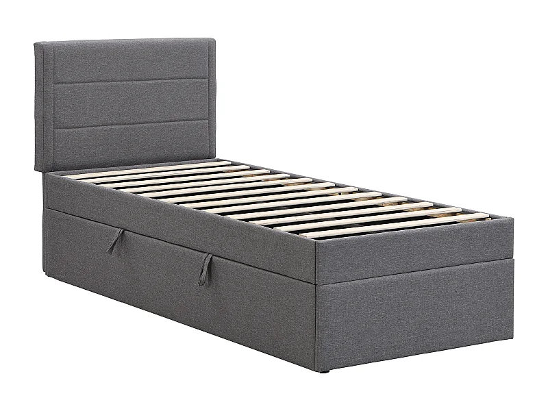 Lit coffre 90x200 cm avec grand de rangement sommier à lattes, en bois et MDF, gris (Sans matelas)