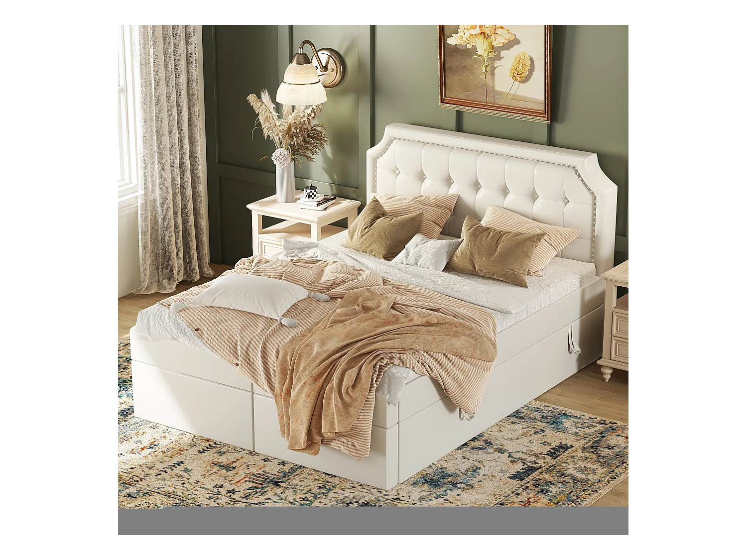 Lit coffre adulte 140x200 cm avec sommier - tête de lit capitonnée - similicuir - blanc (sans matelas)