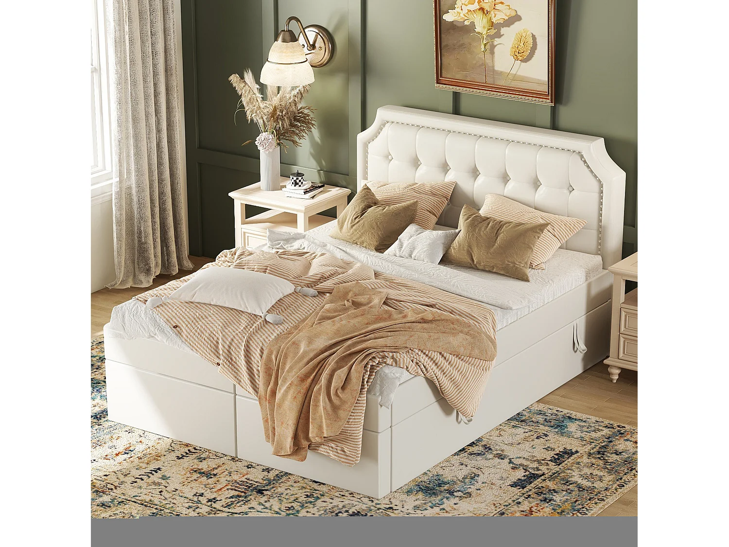 Lit coffre 90x200 cm avec sommier - tête de lit capitonnée - lin - gris (sans matelas)