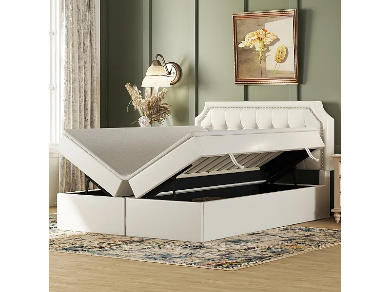 Lit coffre 90x200 cm avec sommier - tête de lit capitonnée - lin - gris (sans matelas)