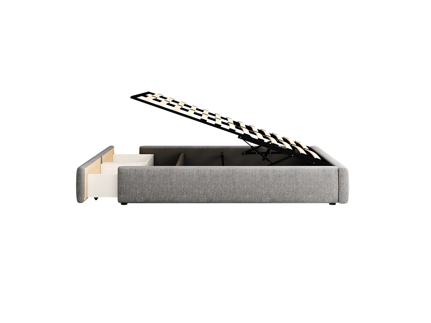 Lit coffre adulte 140x200 cm avec sommier - 2 tiroirs de rangement - lin - gris (sans tête de lit ni matelas)