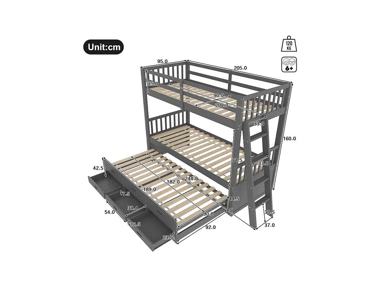 Lit superposé 90x200 cm avec 3 tiroirs - lit gigogne avec protection anti-chute et éhelle - bois - gris (sans matelas)