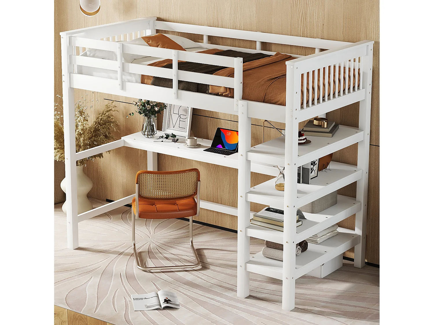 Kinderhoogslaper 90x200cm met lattenbodem - valbeveiliging, bureau en opbergruimte - hout - wit (zonder matras)