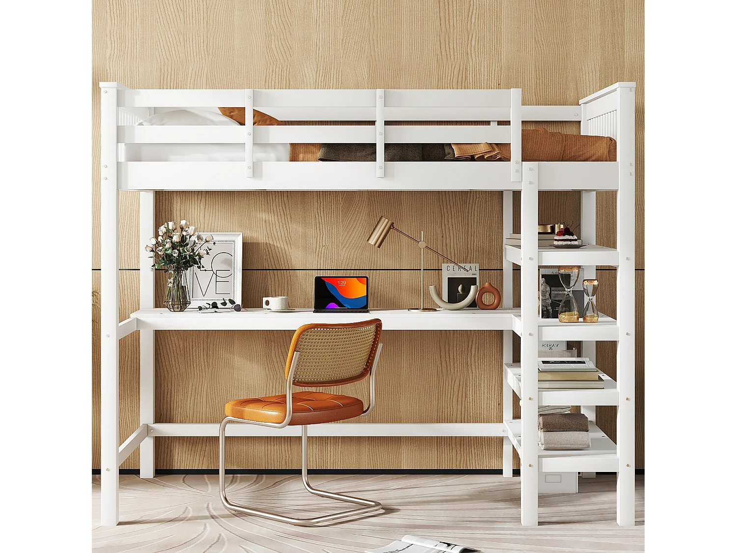 Kinderhoogslaper 90x200cm met lattenbodem - valbeveiliging, bureau en opbergruimte - hout - wit (zonder matras)