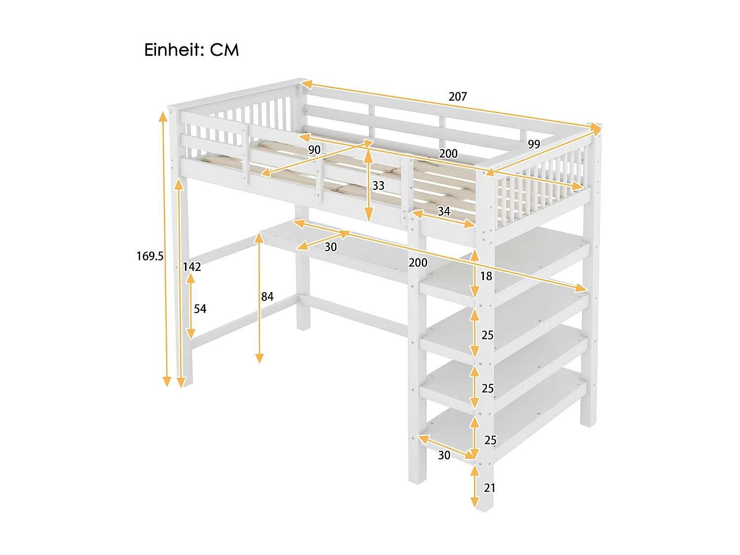 Kinderhoogslaper 90x200cm met lattenbodem - valbeveiliging, bureau en opbergruimte - hout - wit (zonder matras)
