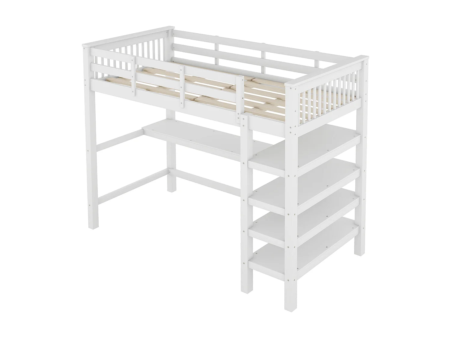 Kinderhoogslaper 90x200cm met lattenbodem - valbeveiliging, bureau en opbergruimte - hout - wit (zonder matras)