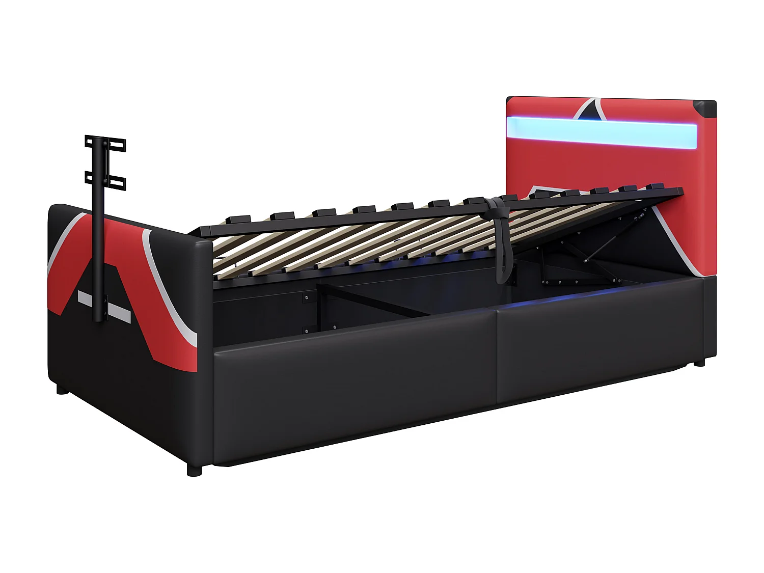 Lit coffre 90x200cm avec LED espace de rangement et meuble TV intégré en noir pour enfants (sans matelas)