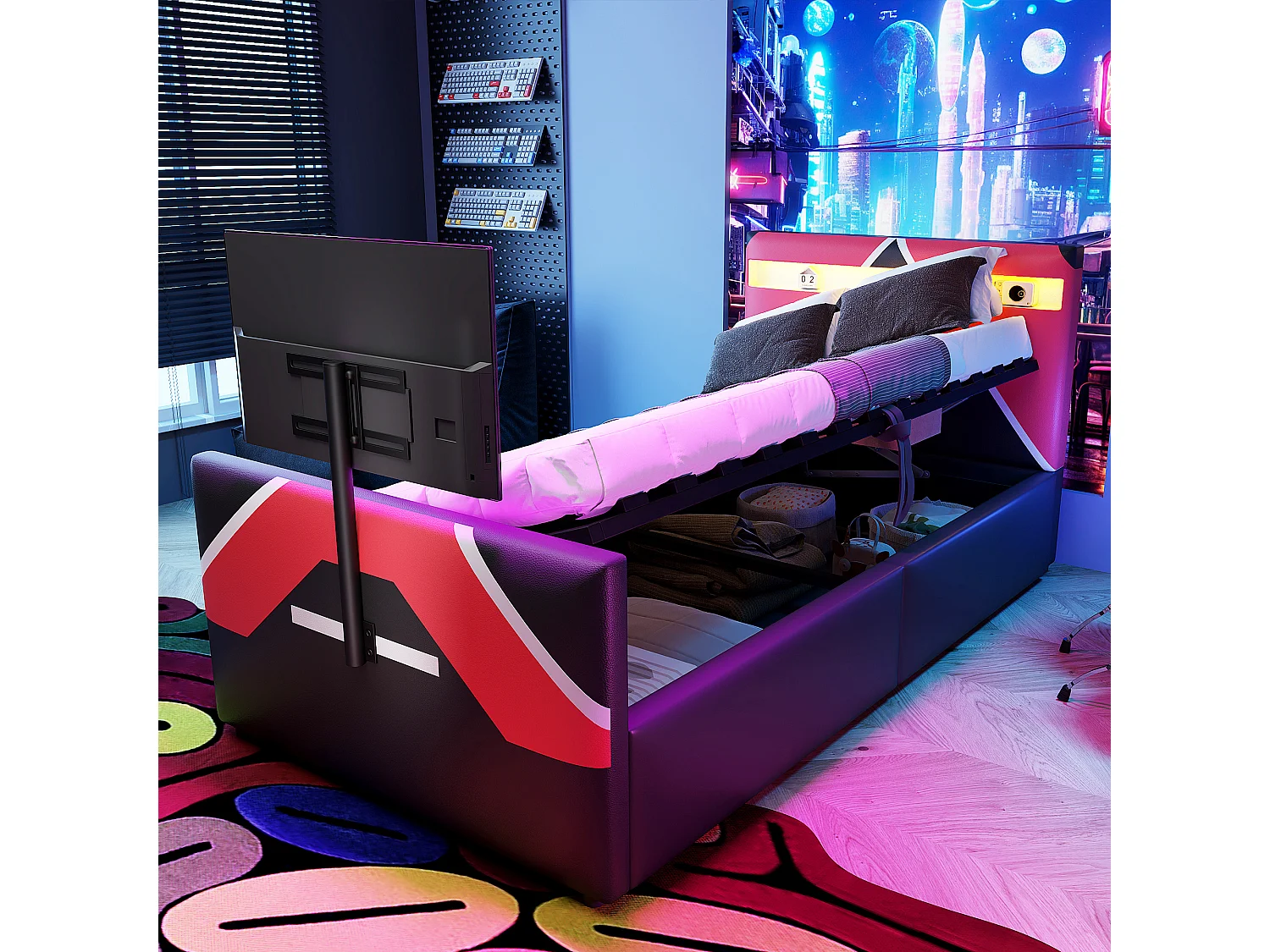 Lit coffre 90x200cm avec LED espace de rangement et meuble TV intégré en noir pour enfants (sans matelas)