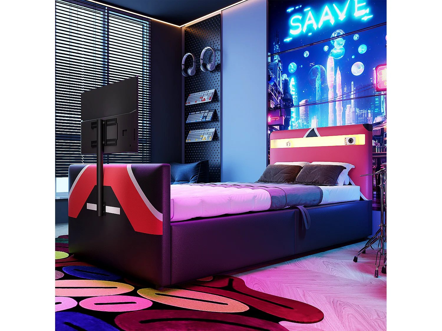 Volwassen opbergbed 140x200 cm met lattenbodem - in hoogte verstelbaar hoofdeinde en LED - fluweel - beige (zonder matras)