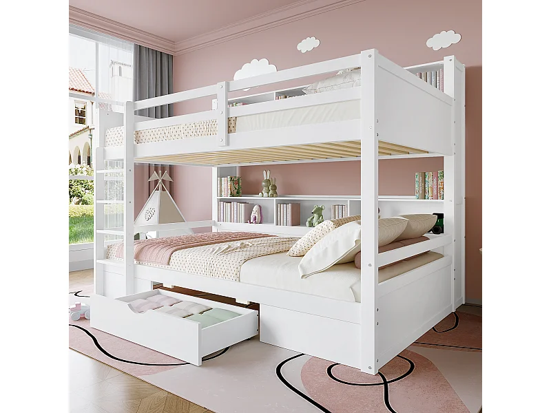 Lit superposé 90x200 cm avec sommier - protection anti-chute 1 tiroir et rangements - bois - blanc (sans matelas)