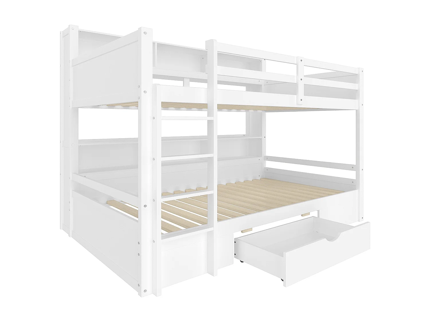 Lit superposé 90x200 cm avec sommier - protection anti-chute 1 tiroir et rangements - bois - blanc (sans matelas)