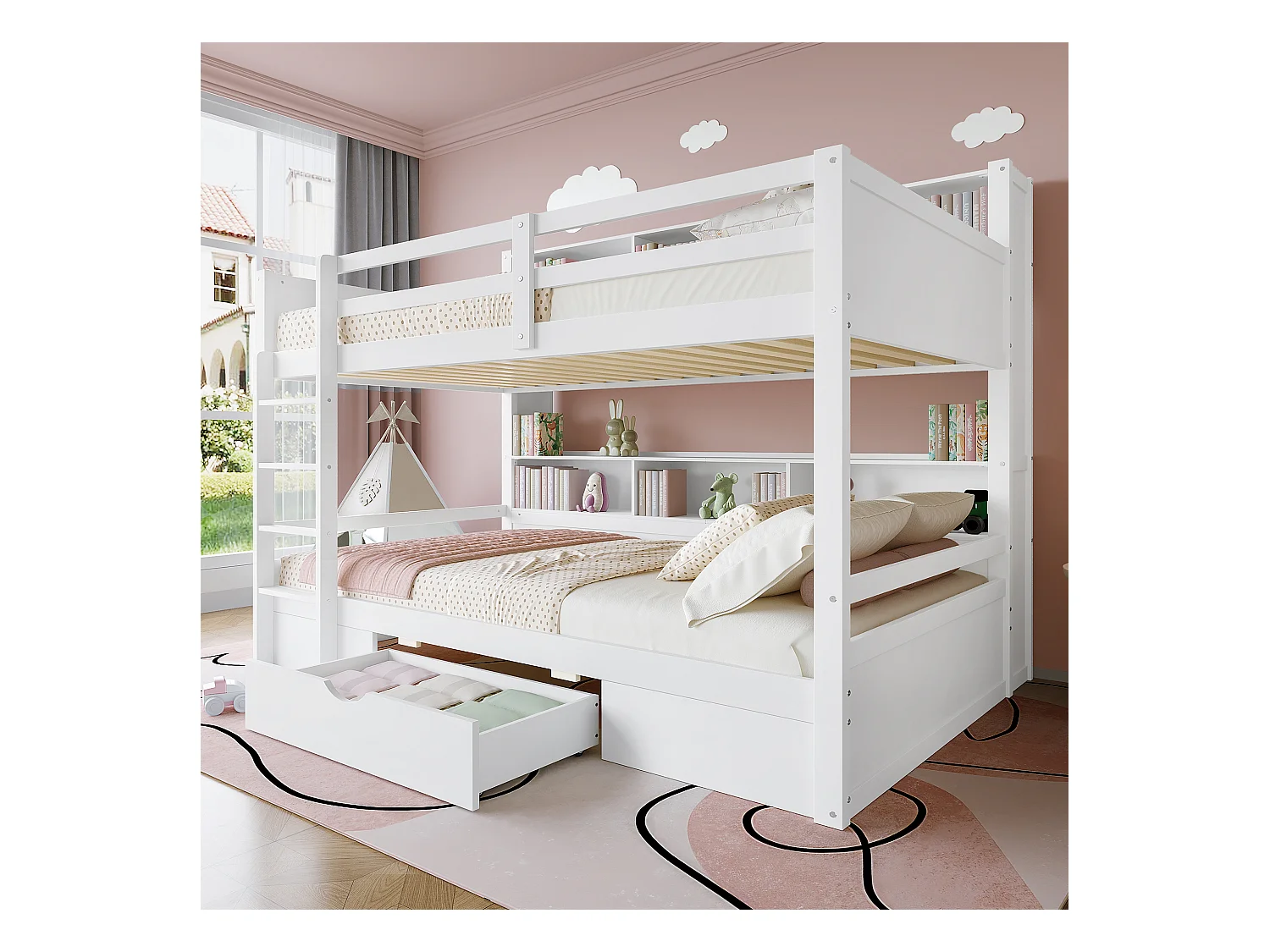 Lit superposé enfant 90x200cm avec sommier - protection anti-chute 1 tiroir et rangements - bois - blanc (sans matelas)