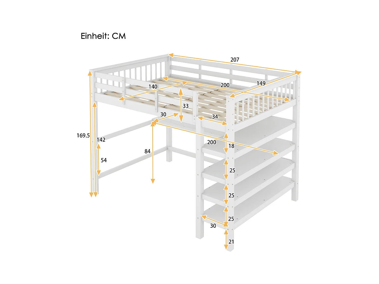 Lit mezzanine 140x200 cm avec sommier - protection anti-chute bureau et rangement - bois - blanc (sans matelas)