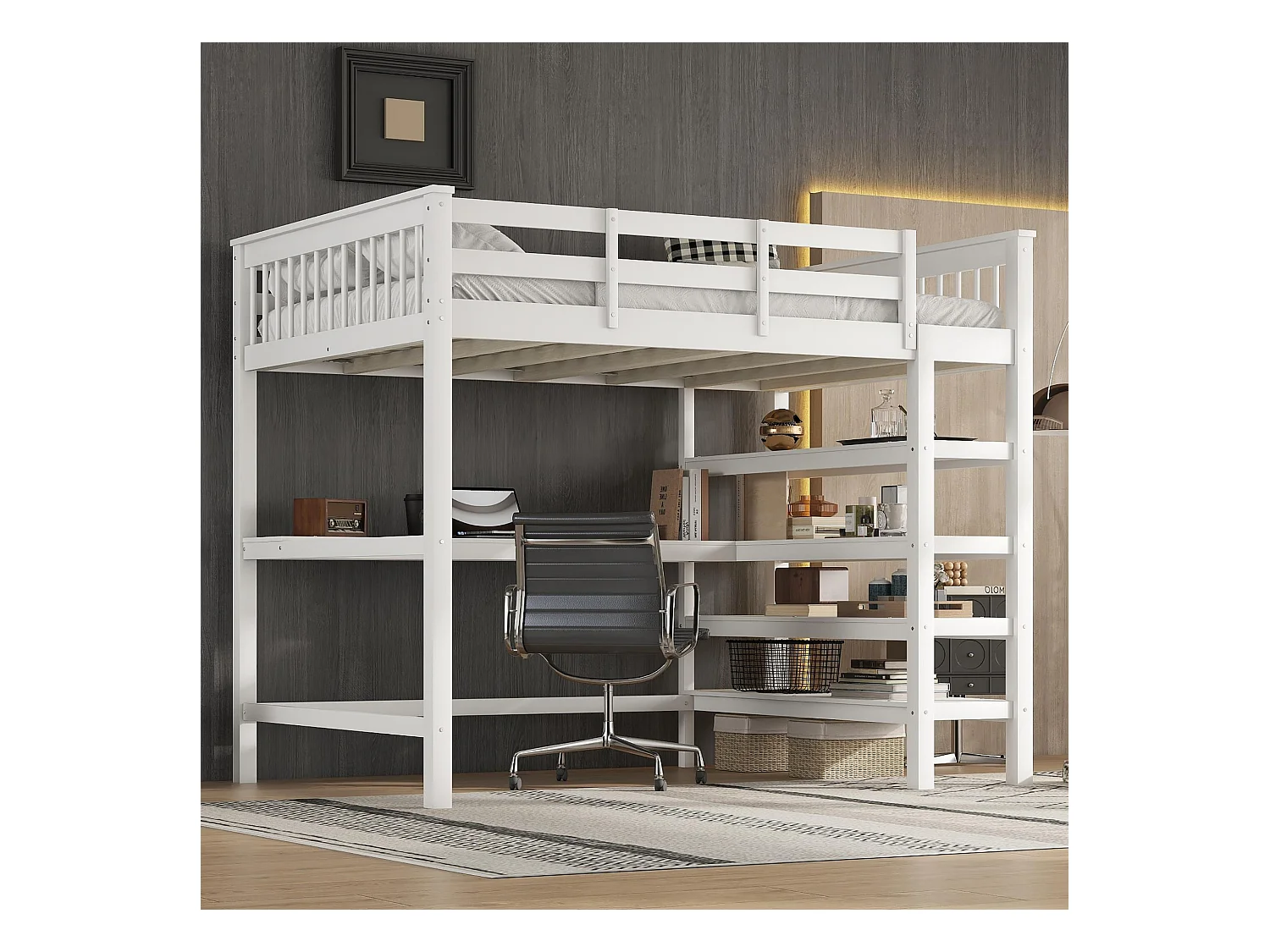 Lit mezzanine 140x200 cm avec sommier - protection anti-chute bureau et rangement - bois - blanc (sans matelas)