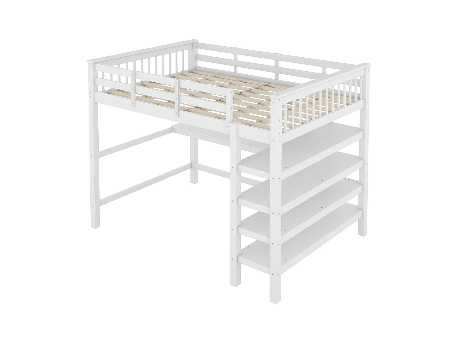 Lit mezzanine adulte 140x200cm avec sommier - protection anti-chute bureau et rangement - bois - blanc (sans matelas)