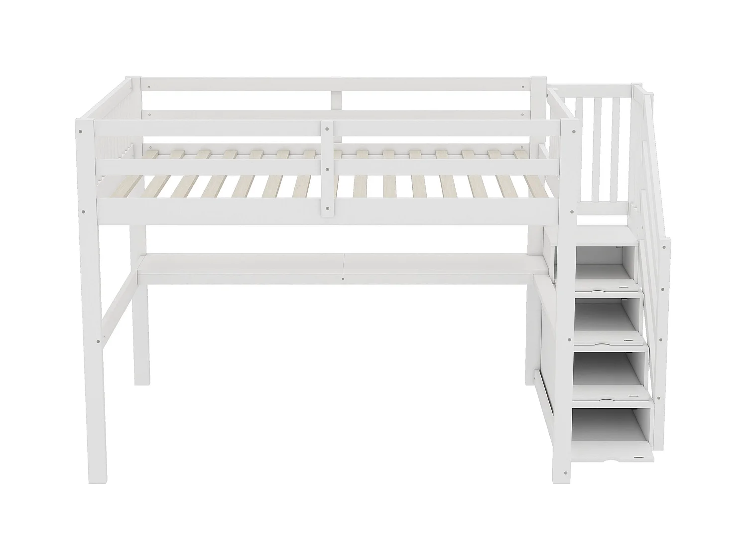 Volwassen mezzaninebed 140x200cm met lattenbodem - valbeveiliging, bureau en opbergruimte - hout - wit (zonder matras)