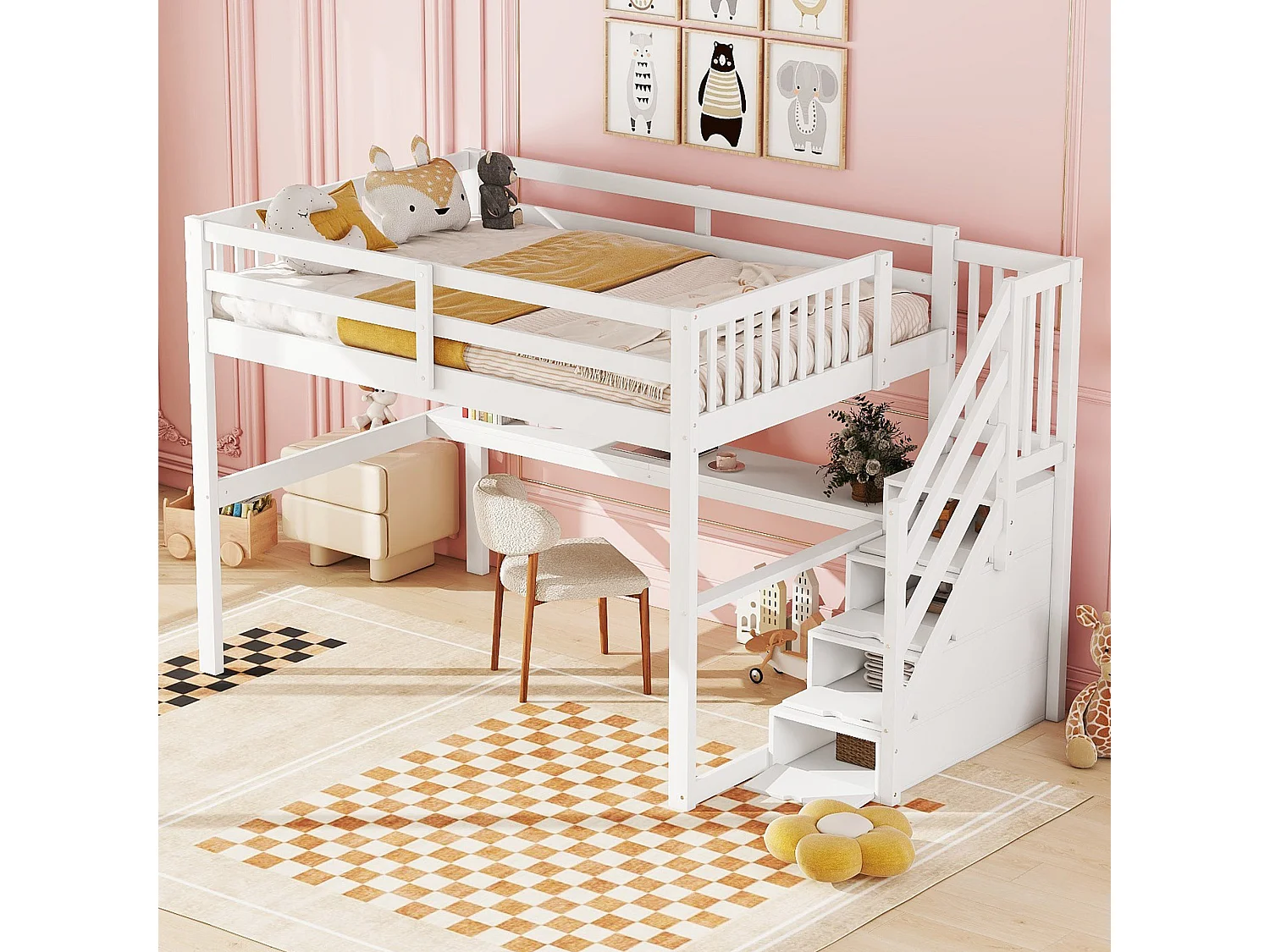 Volwassen mezzaninebed 140x200cm met lattenbodem - valbeveiliging, bureau en opbergruimte - hout - wit (zonder matras)