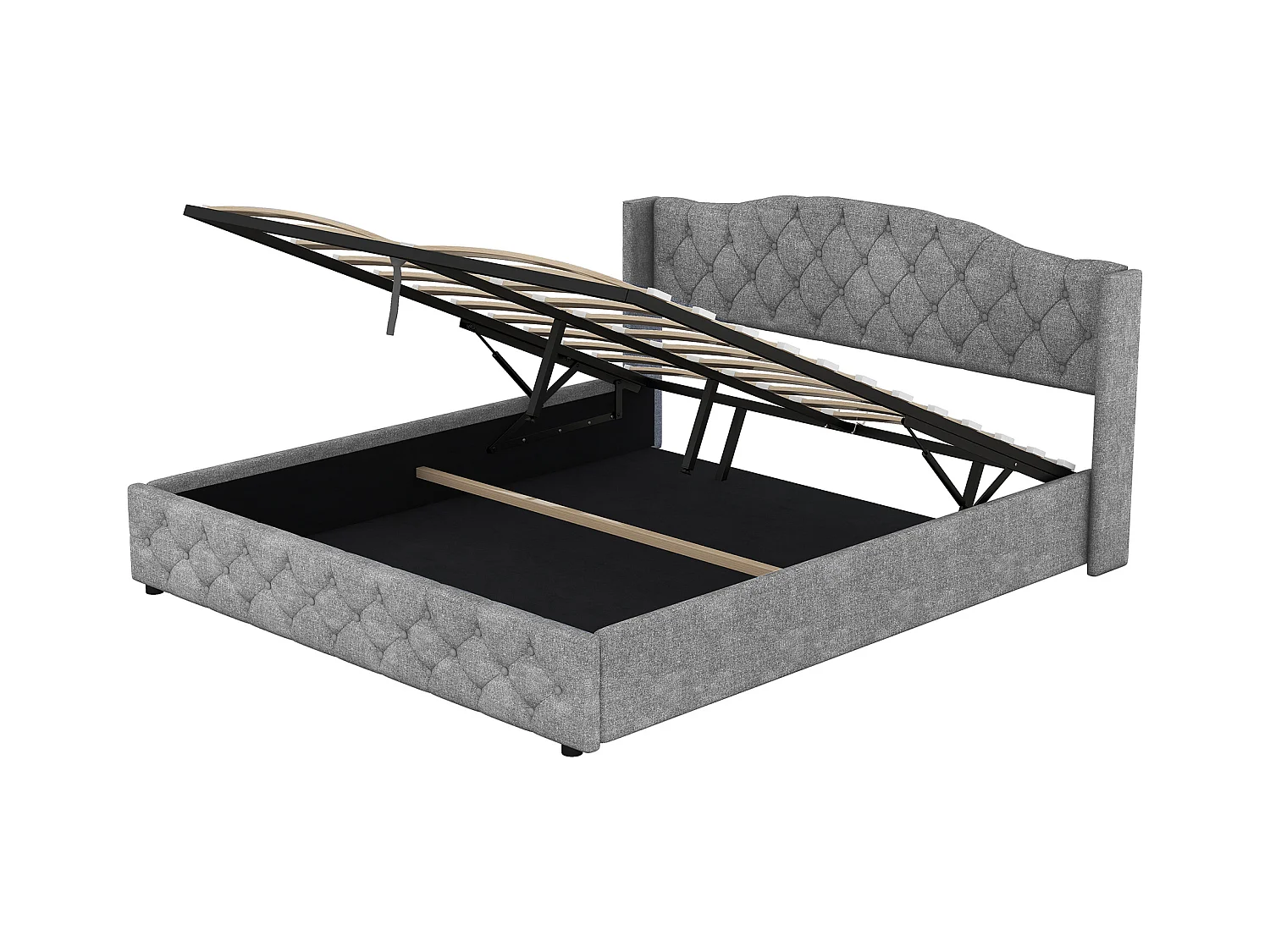 Lit coffre adulte 180x200 cm avec sommier - tête de lit capitonnée - lin - gris (sans matelas)