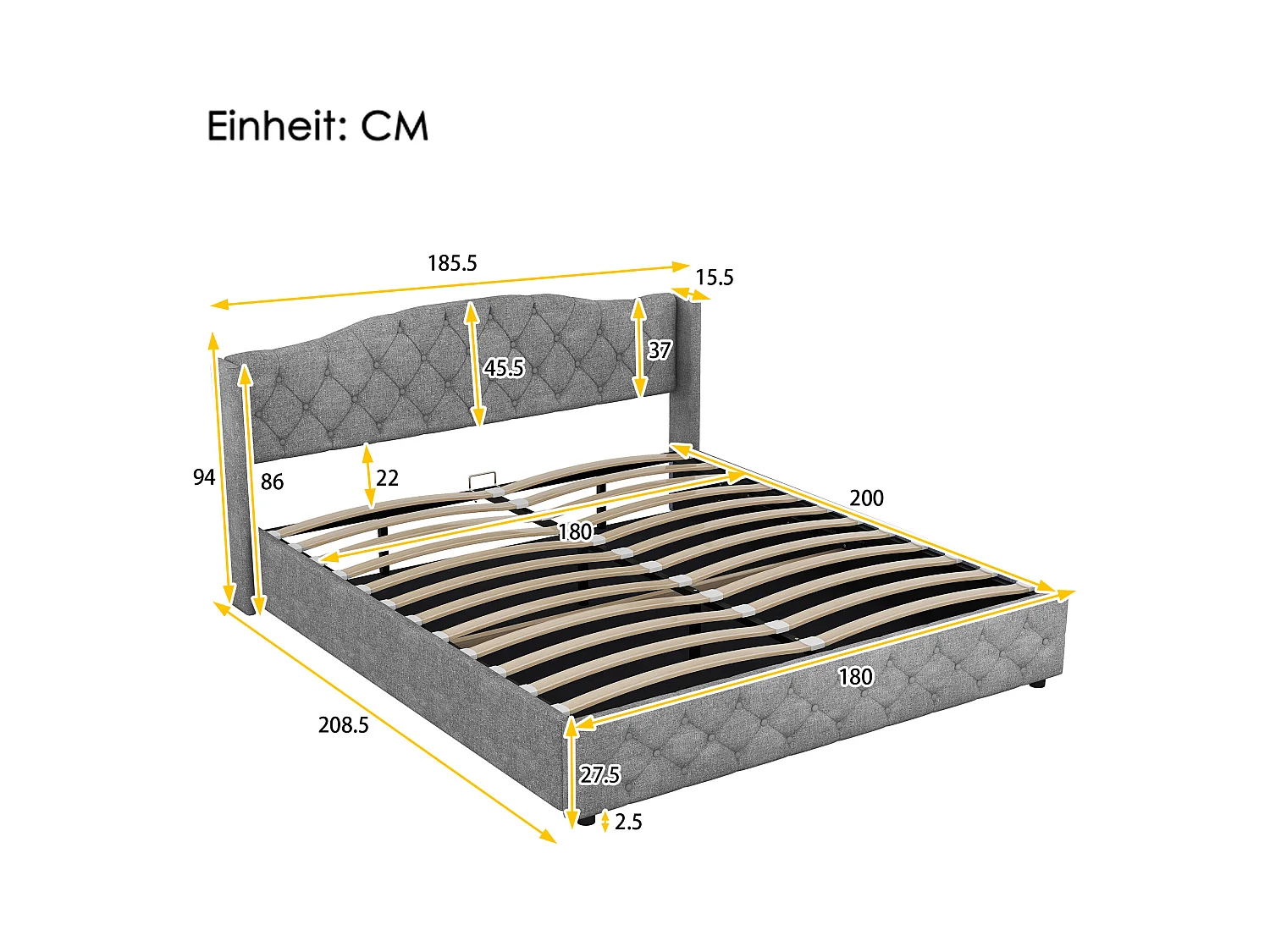 Lit coffre adulte 180x200 cm avec sommier - tête de lit capitonnée - lin - gris (sans matelas)