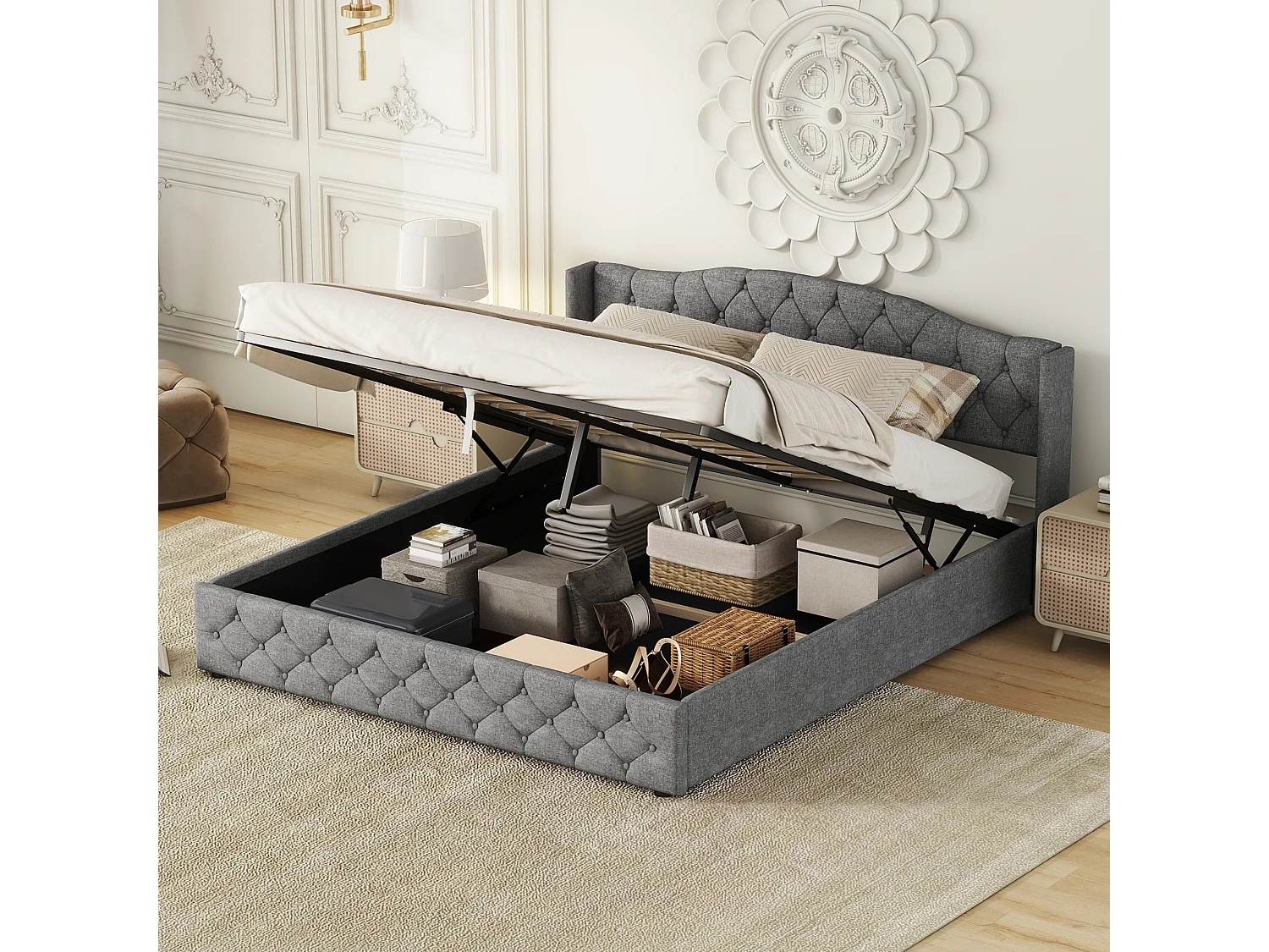 Lit adulte 140x200 cm avec 3 tiroirs - tête de lit réglable en hauteur avec USB et LED - velours - gris (sans matelas)