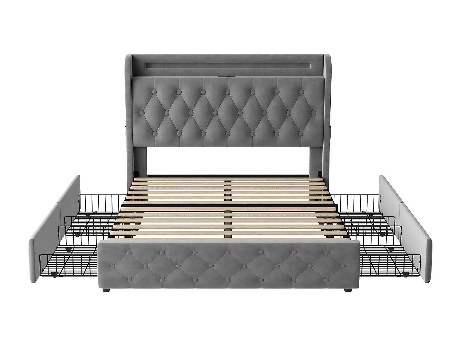 Lit double 140x190cm avec quatre tiroirs LED interface USB tête de lit avec étagères et espace de rangement en gris pour enfants et adultes (sans matelas)