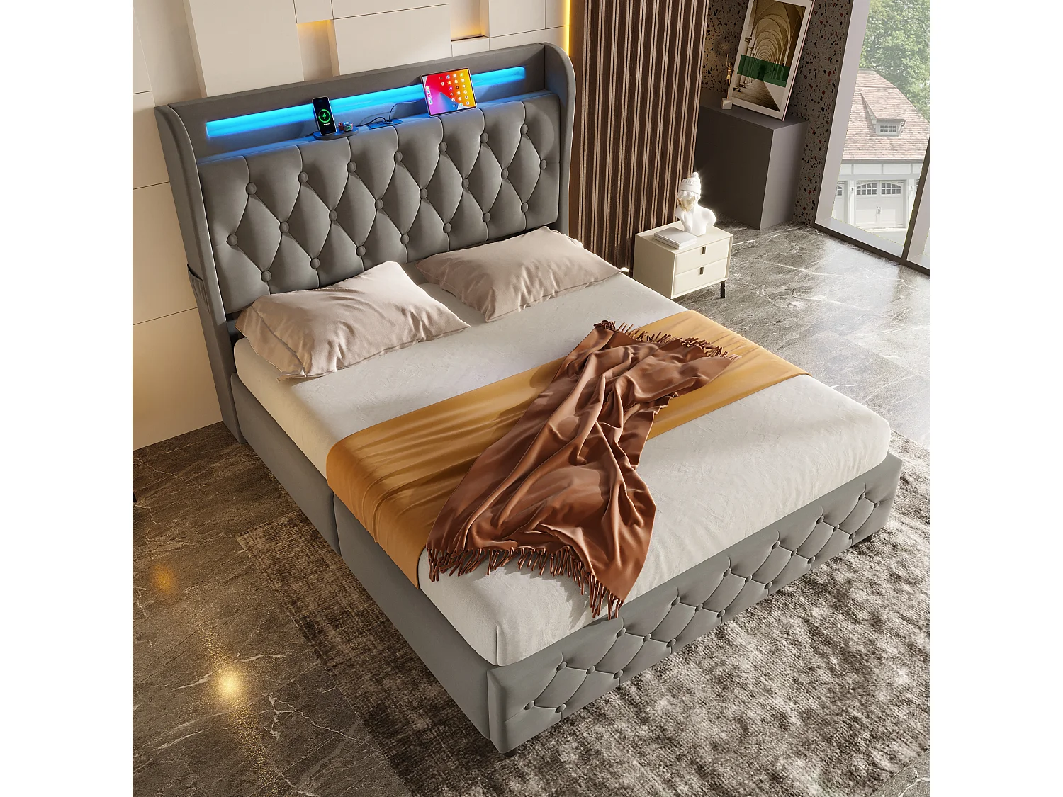 Lit double 140x190cm avec quatre tiroirs LED interface USB tête de lit avec étagères et espace de rangement en gris pour enfants et adultes (sans matelas)