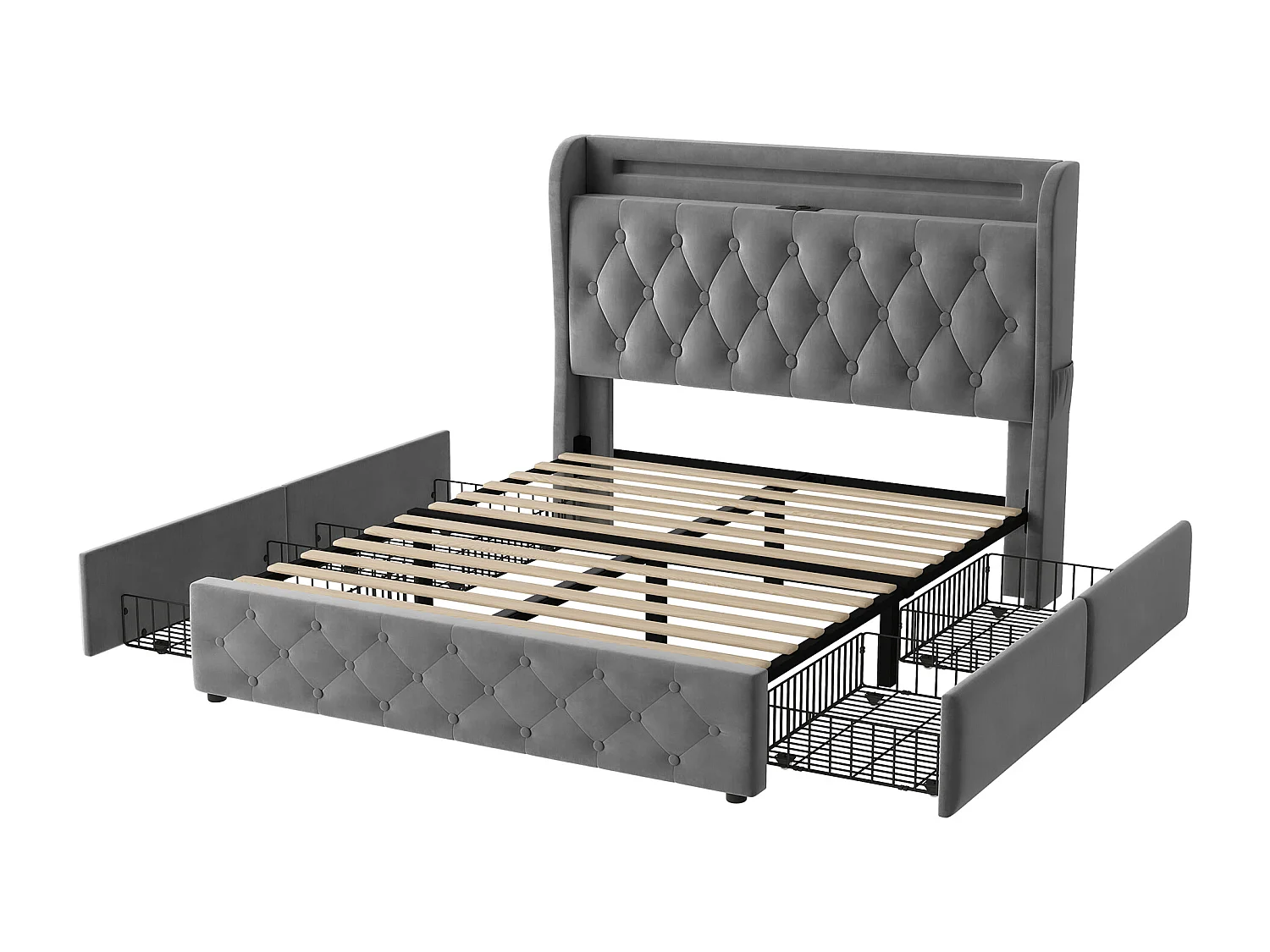 Lit adulte 140x190 cm avec LED, avec ports USB et Type C, 4 tiroirs de rangement, tissu et métal gris (Sans matelas)
