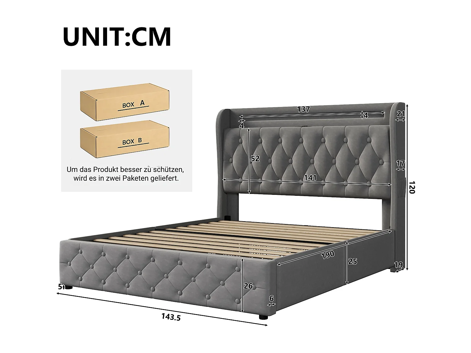 Lit adulte 140x190 cm avec LED, avec ports USB et Type C, 4 tiroirs de rangement, tissu et métal gris (Sans matelas)