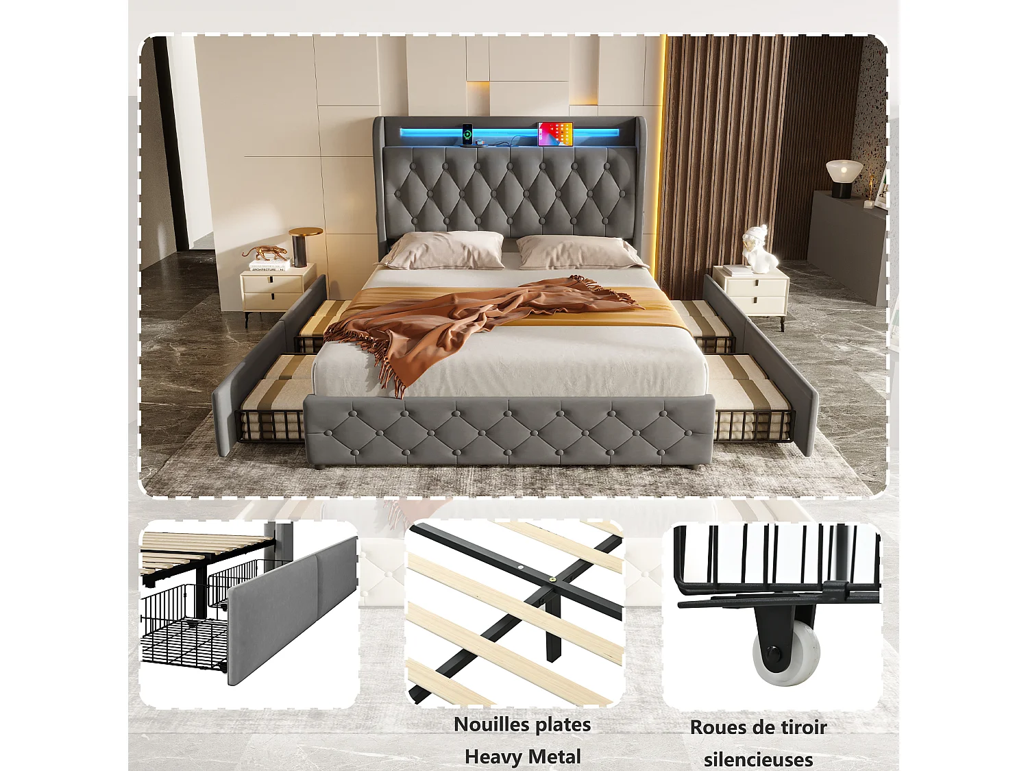 Lit adulte 140x190 cm avec LED, avec ports USB et Type C, 4 tiroirs de rangement, tissu et métal gris (Sans matelas)