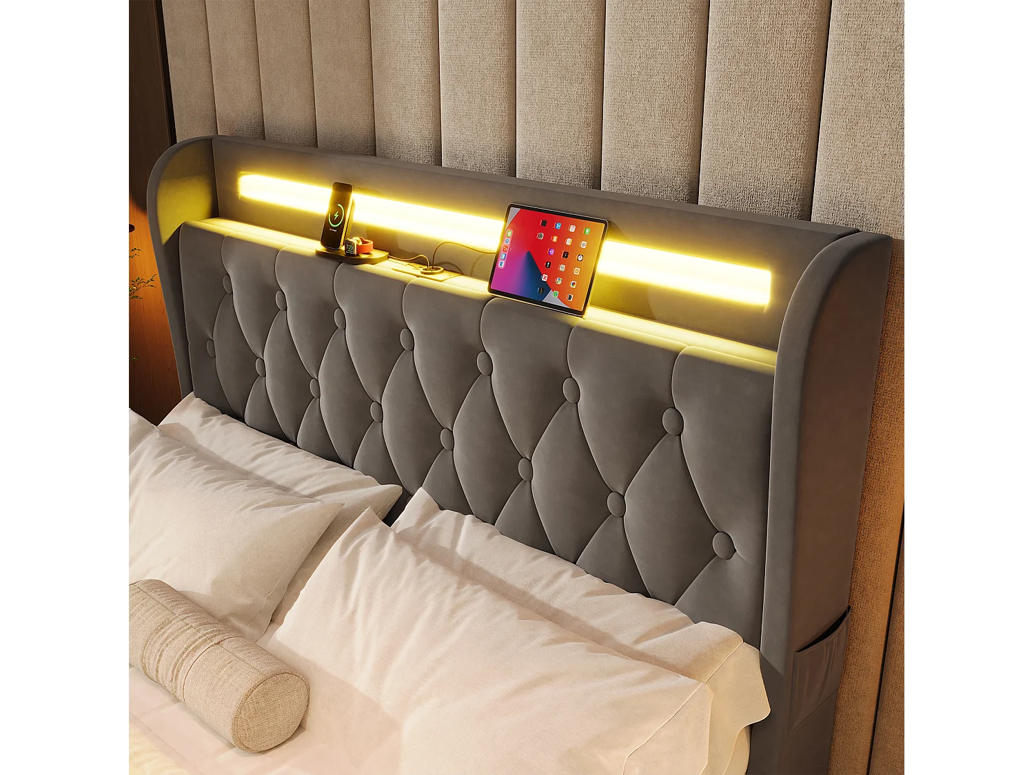 Lit adulte 140x190 cm avec LED, avec ports USB et Type C, 4 tiroirs de rangement, tissu et métal gris (Sans matelas)