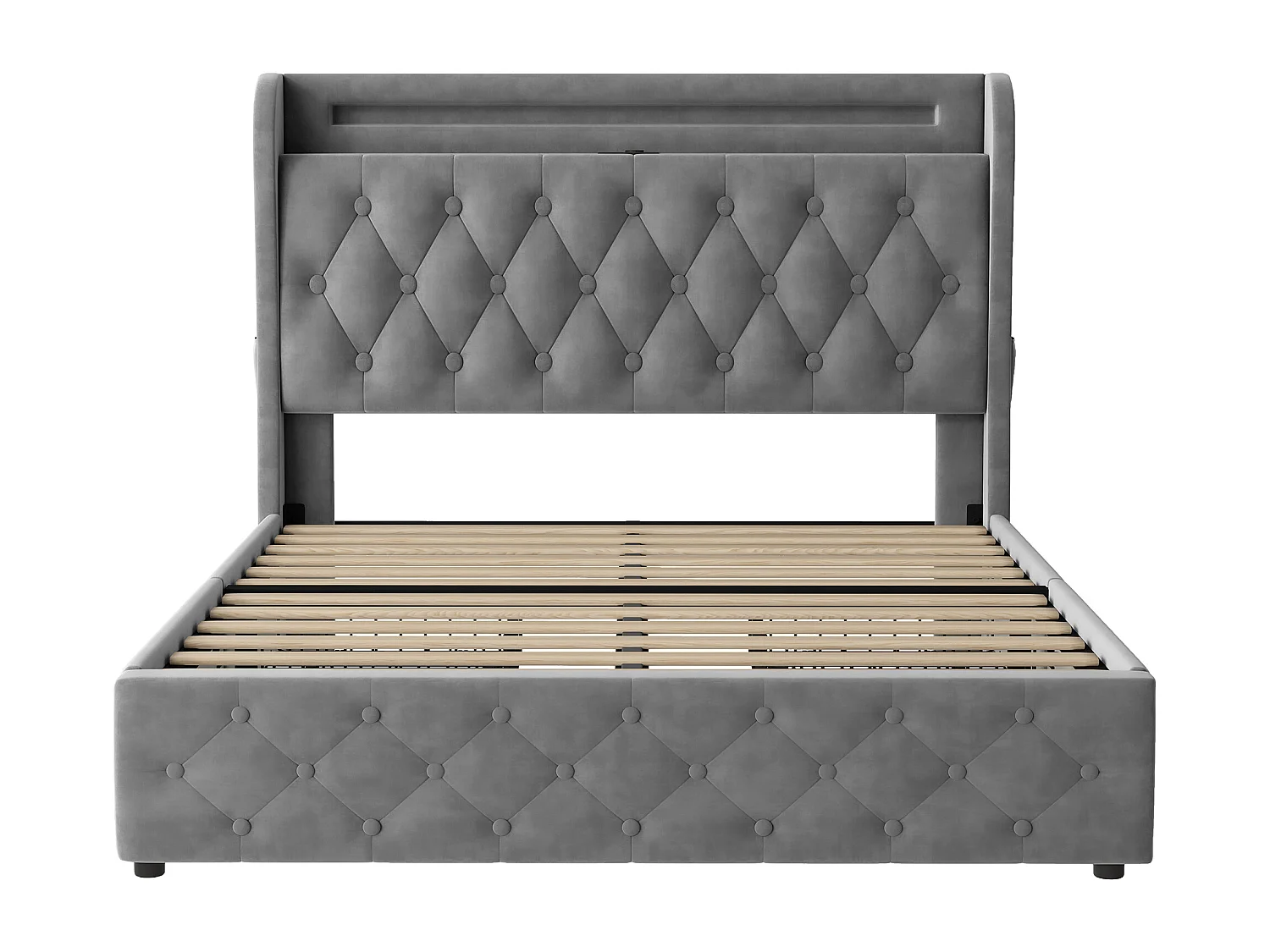 Lit adulte 140x190 cm avec LED, avec ports USB et Type C, 4 tiroirs de rangement, tissu et métal gris (Sans matelas)