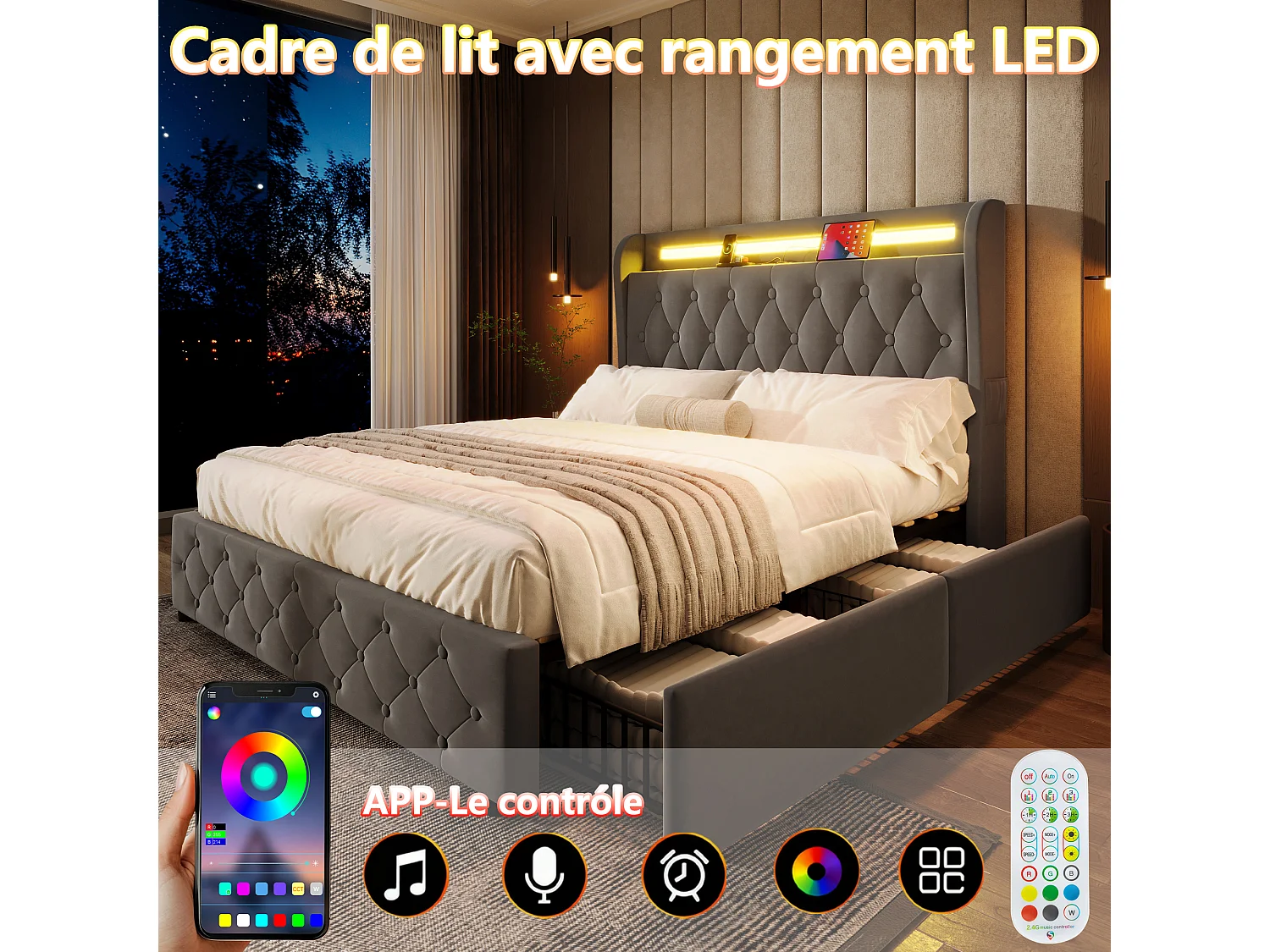 Lit adulte 140x190 cm avec LED, avec ports USB et Type C, 4 tiroirs de rangement, tissu et métal gris (Sans matelas)