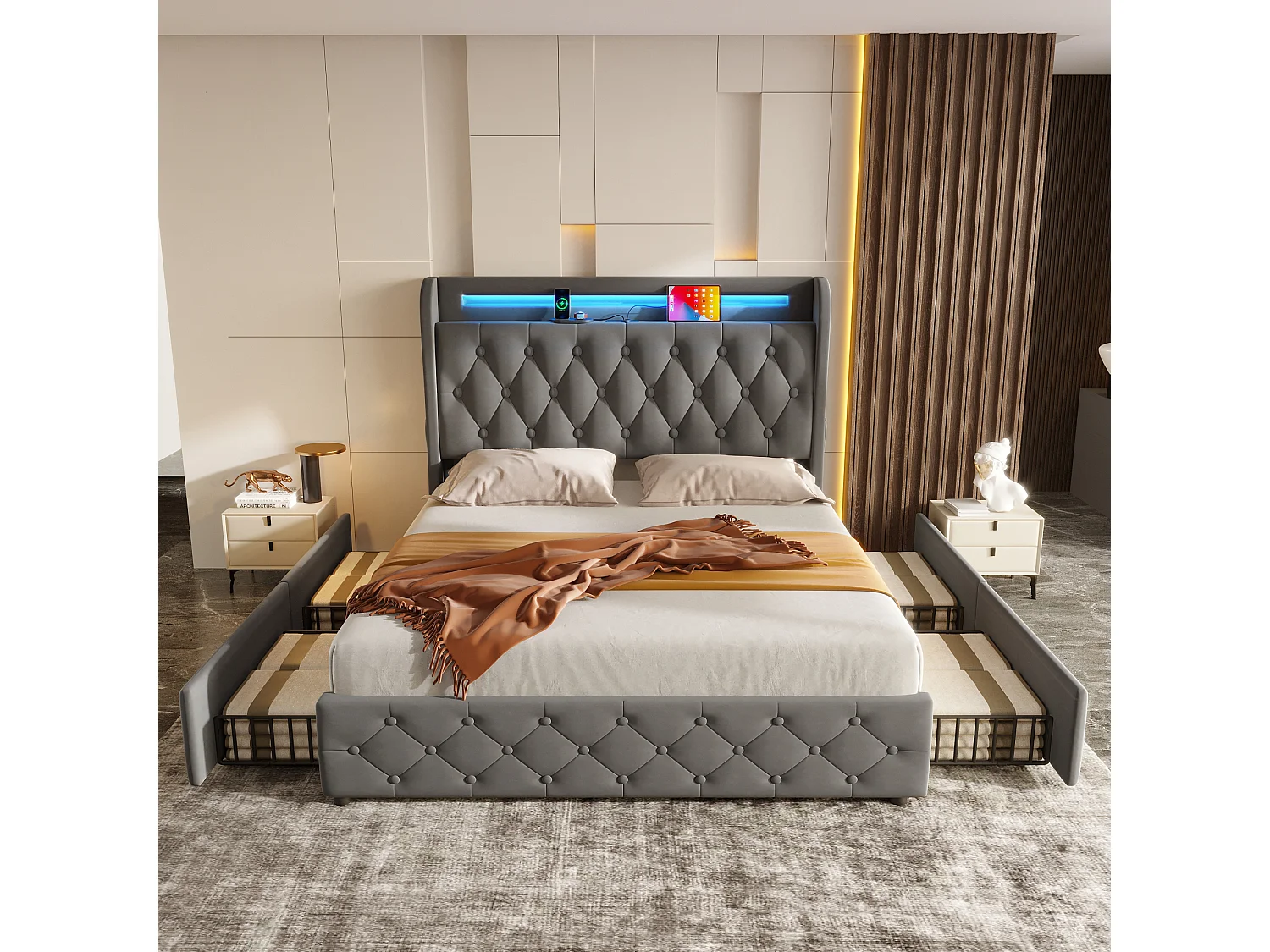 Lit adulte 140x190 cm avec LED, avec ports USB et Type C, 4 tiroirs de rangement, tissu et métal gris (Sans matelas)