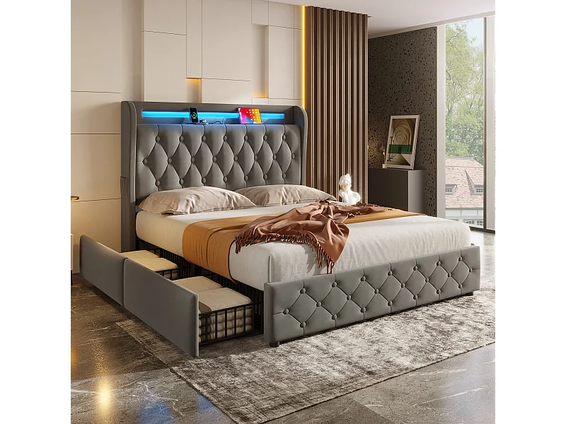 Volwassen opbergbed 180x200 cm met onderstel - gestoffeerd hoofdeinde - linnen - grijs (zonder matras)