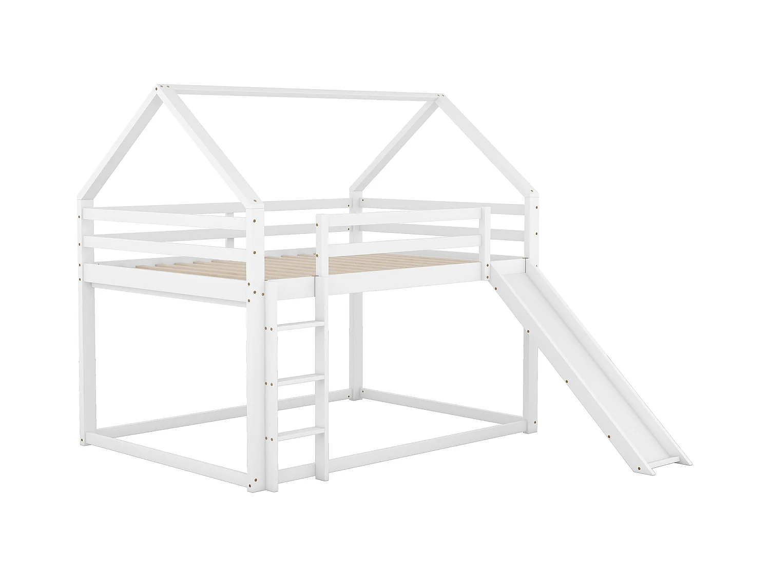 Lit superposé enfant 140x200cm avec sommier - protection anti-chute et toboggan - bois - blanc (sans matelas)