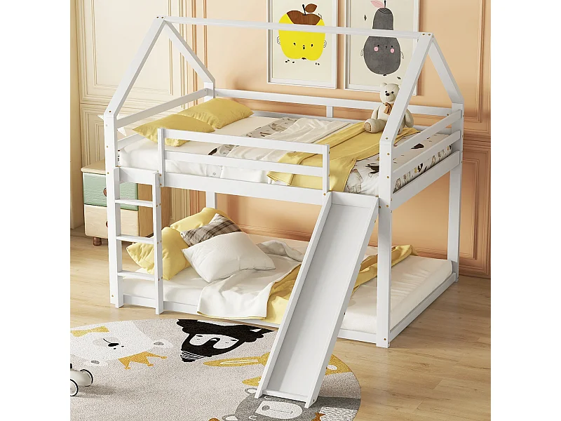 Lit superposé 140x200 cm avec sommier - protection anti-chute et toboggan - bois - blanc (sans matelas)