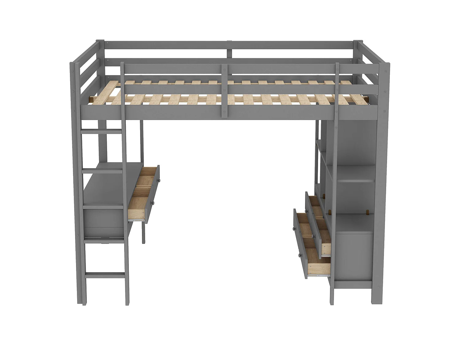 Lit mezzanine adulte 140x200cm avec sommier - protection anti-chute bureau et 6 tiroirs - bois - gris (sans matelas)