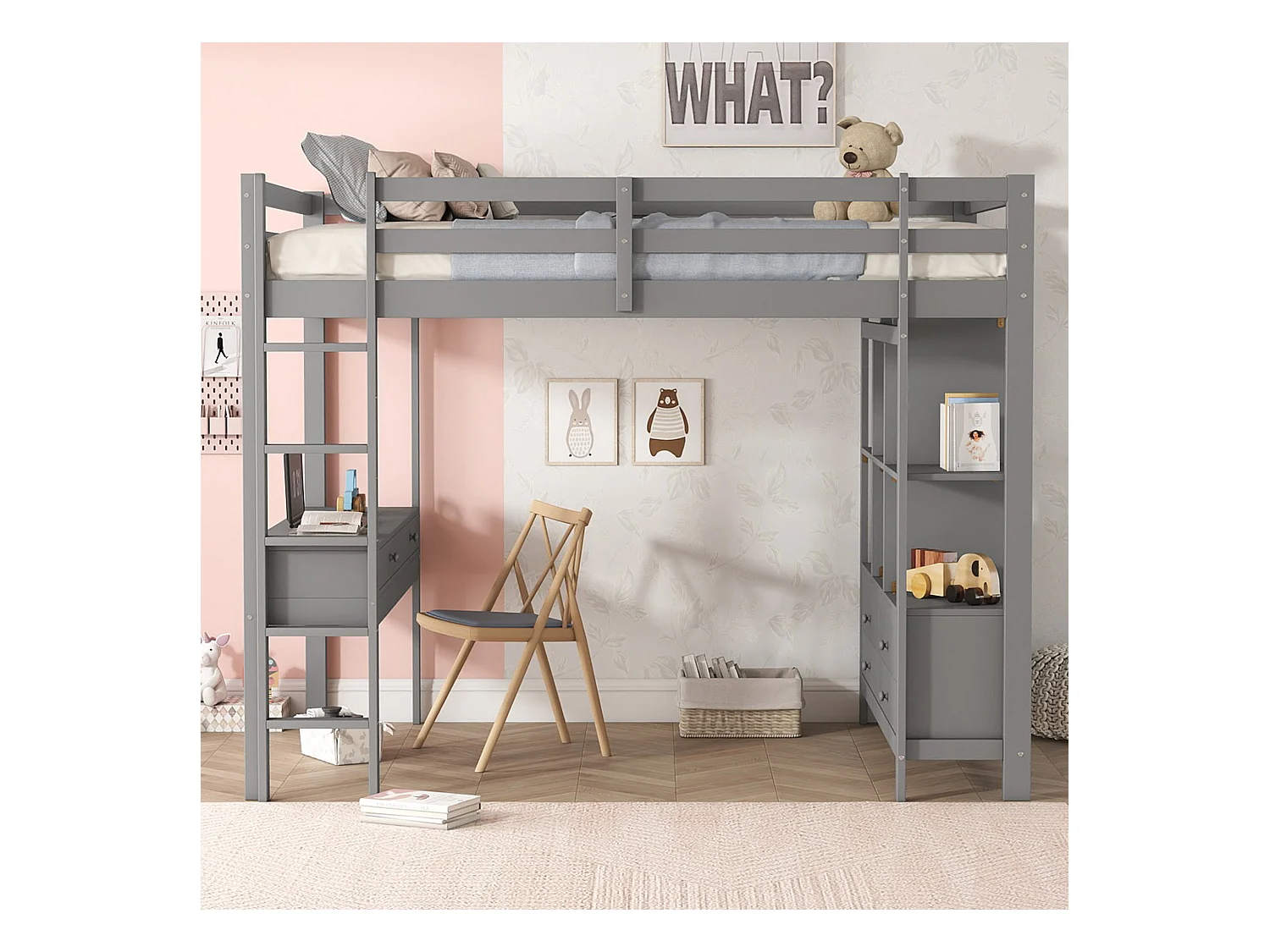 Lit mezzanine adulte 140x200cm avec sommier - protection anti-chute bureau et 6 tiroirs - bois - gris (sans matelas)