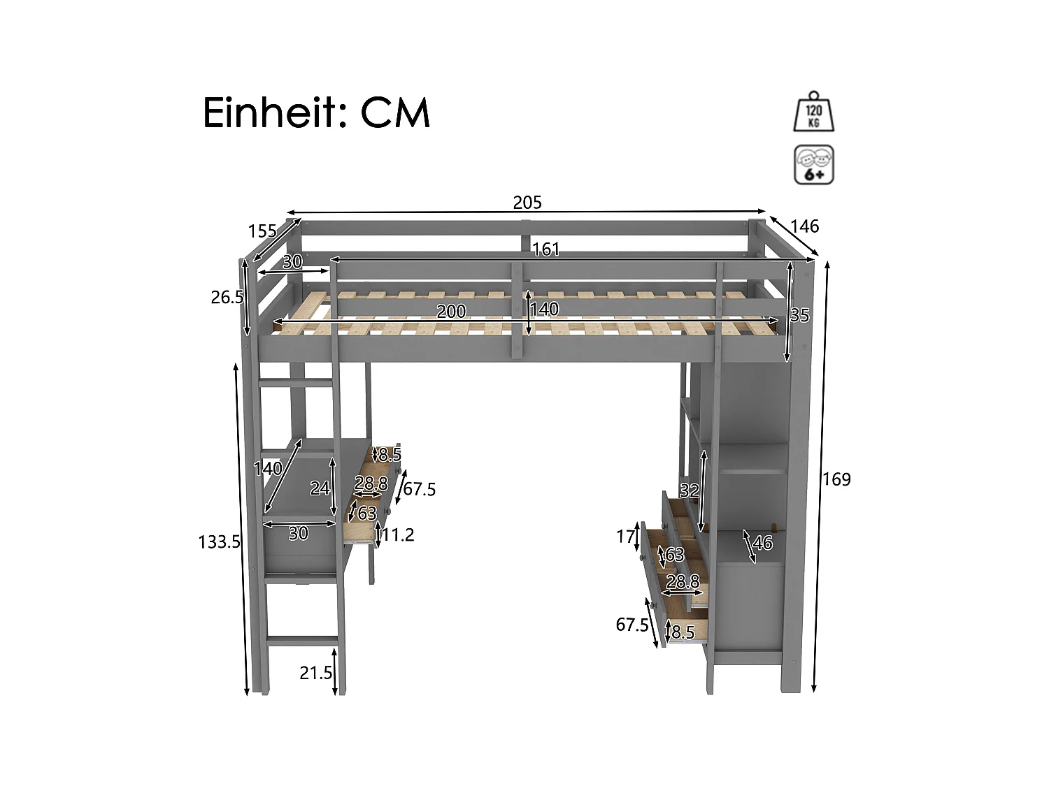 Lit mezzanine adulte 140x200cm avec sommier - protection anti-chute bureau et 6 tiroirs - bois - gris (sans matelas)