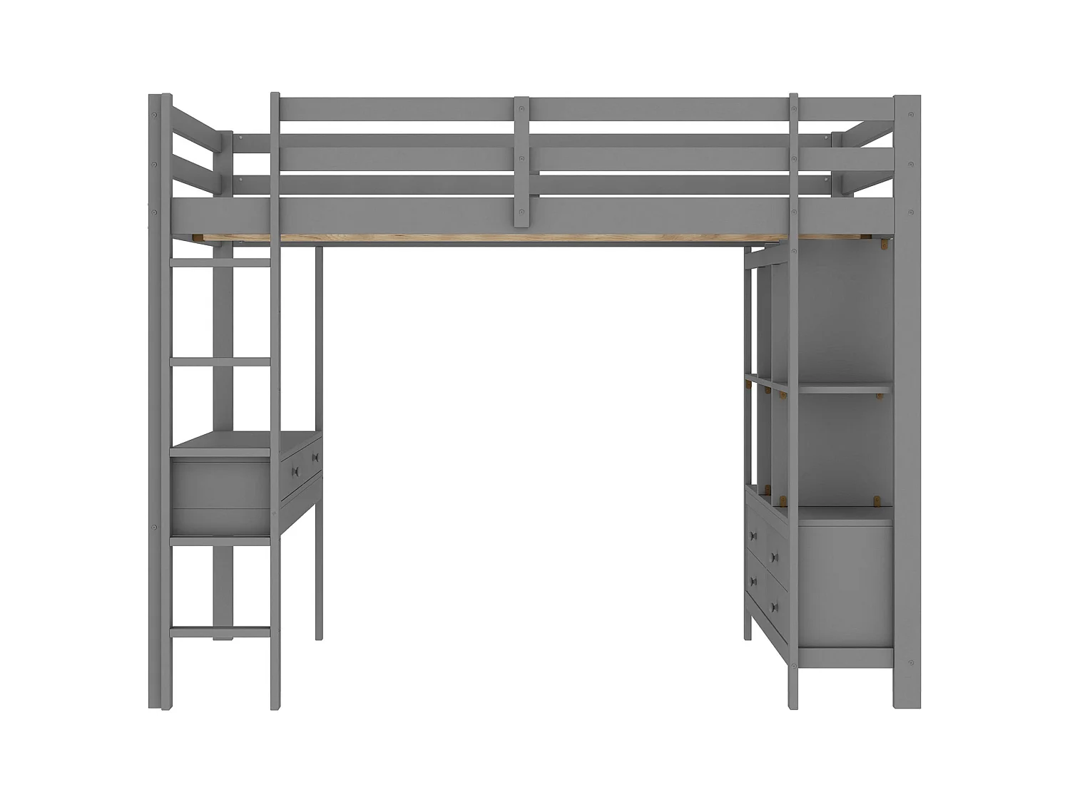 Lit mezzanine adulte 140x200cm avec sommier - protection anti-chute bureau et 6 tiroirs - bois - gris (sans matelas)