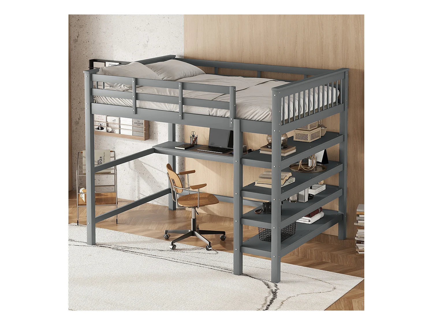 Lit mezzanine adulte 140x200cm avec sommier - protection anti-chute bureau et rangement - bois - gris (sans matelas)