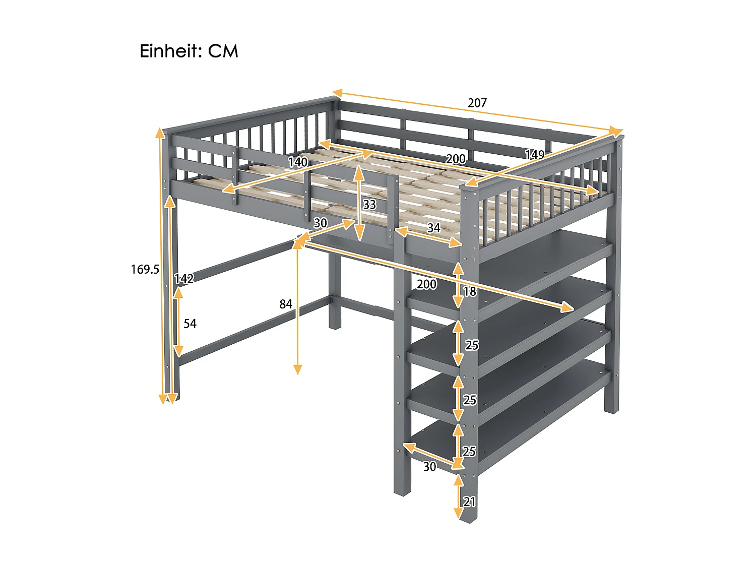 Volwassen mezzaninebed 140x200cm met lattenbodem - valbeveiliging, bureau en opbergruimte - hout - grijs (zonder matras)