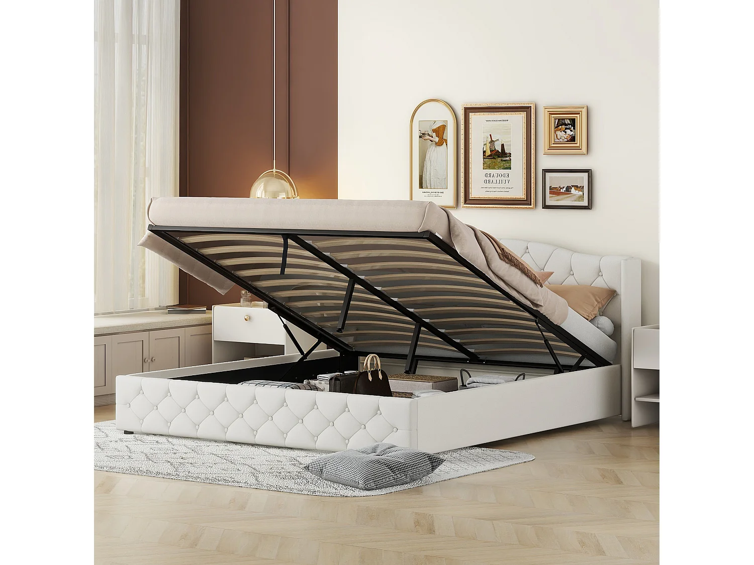 Lit coffre 180x200 cm avec rangement hydraulique, 24 lattes, tissu en lin, beige (Sans matelas)