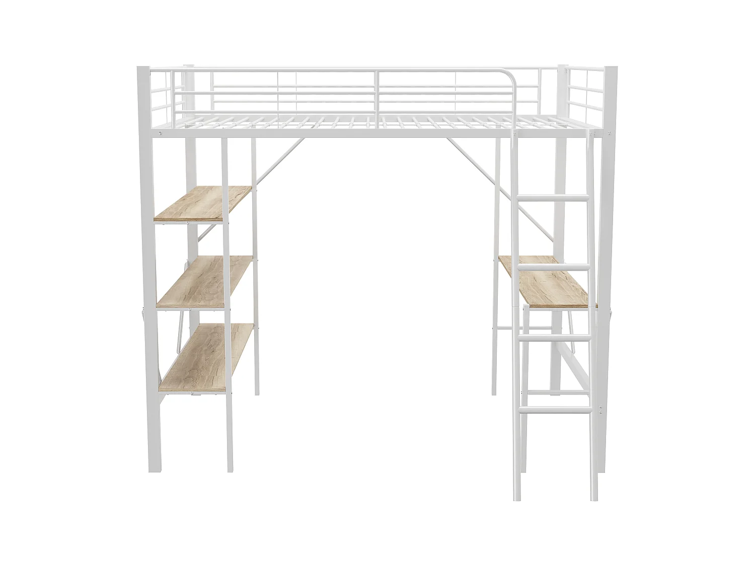 Kinderhoogslaper 90x200cm met lattenbodem - valbeveiliging - bureau en 3 legplanken - metaal - wit (zonder matras)