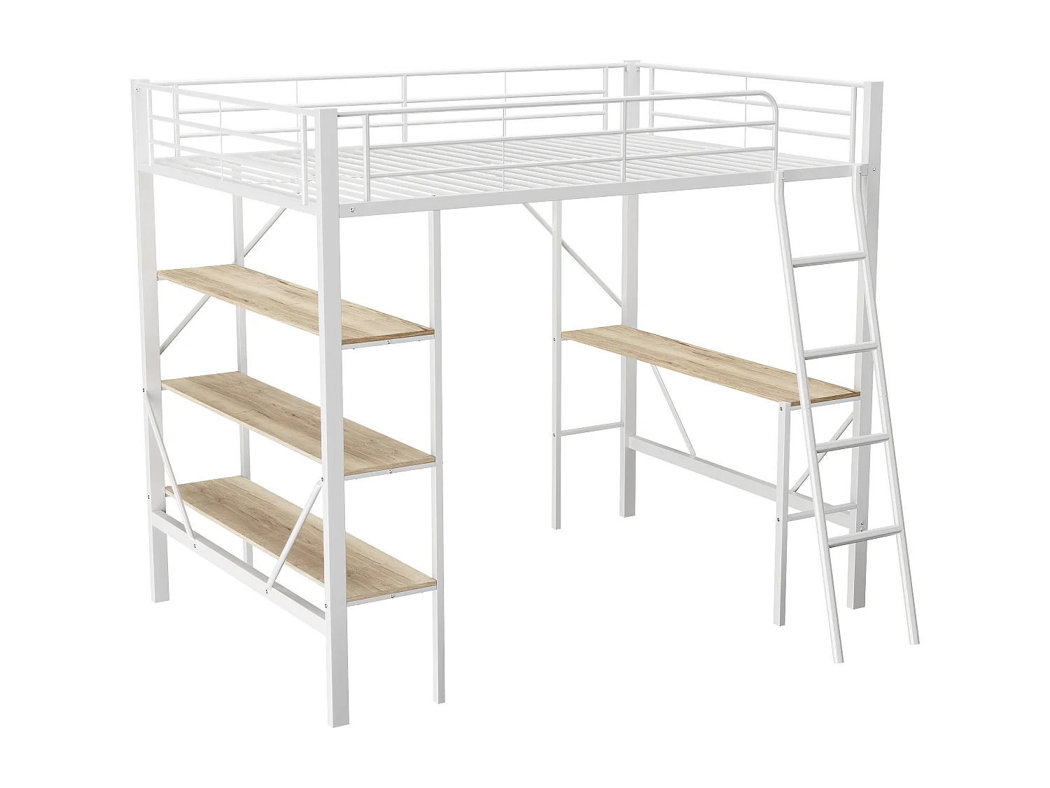 Lit mezzanine enfant 90x200cm avec sommier - protection anti-chute bureau et 3 étagères - métal - blanc (sans matelas)