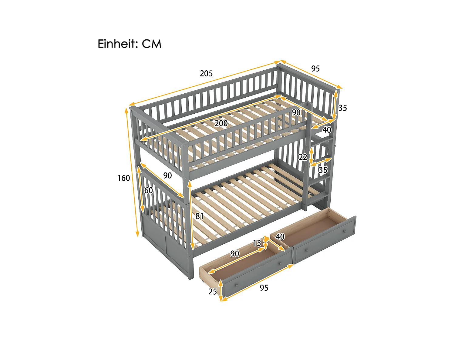Lit superposé 90x200 cm avec 2 tiroirs - protection anti-chute et éhelle - bois - gris (sans matelas)