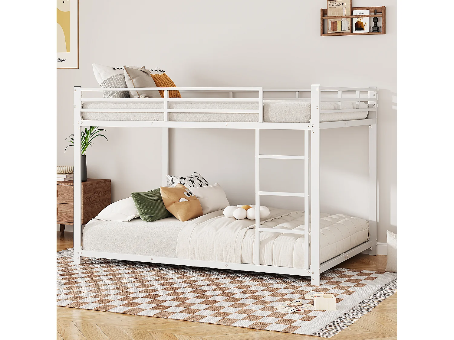 Lit superposé 140x200 cm avec sommier - protection anti-chute et éhelle - métal - blanc (sans matelas)