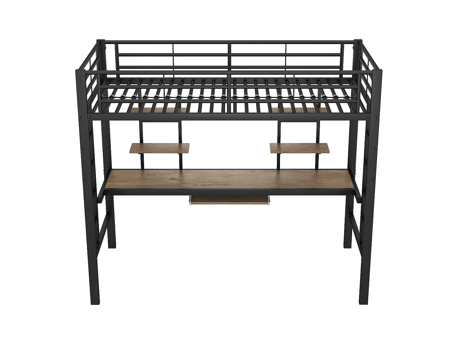 Kinderhoogslaper 90x200cm met lattenbodem - valbeveiliging - bureau en 2 legplanken - metaal - zwart (zonder matras)