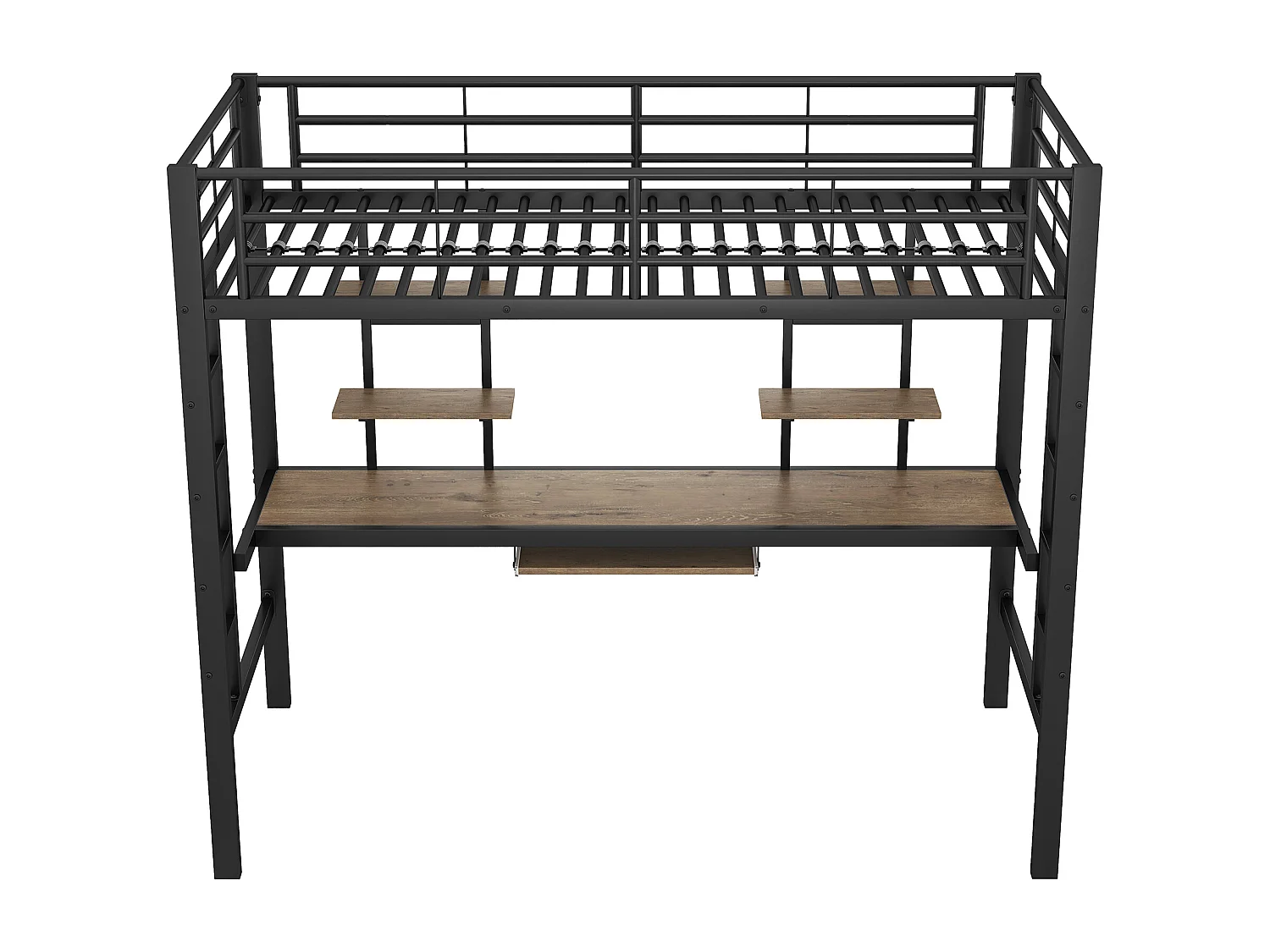 Lit mezzanine 90x200 cm avec sommier - protection anti-chute bureau et 2 étagères - métal - noir (sans matelas)