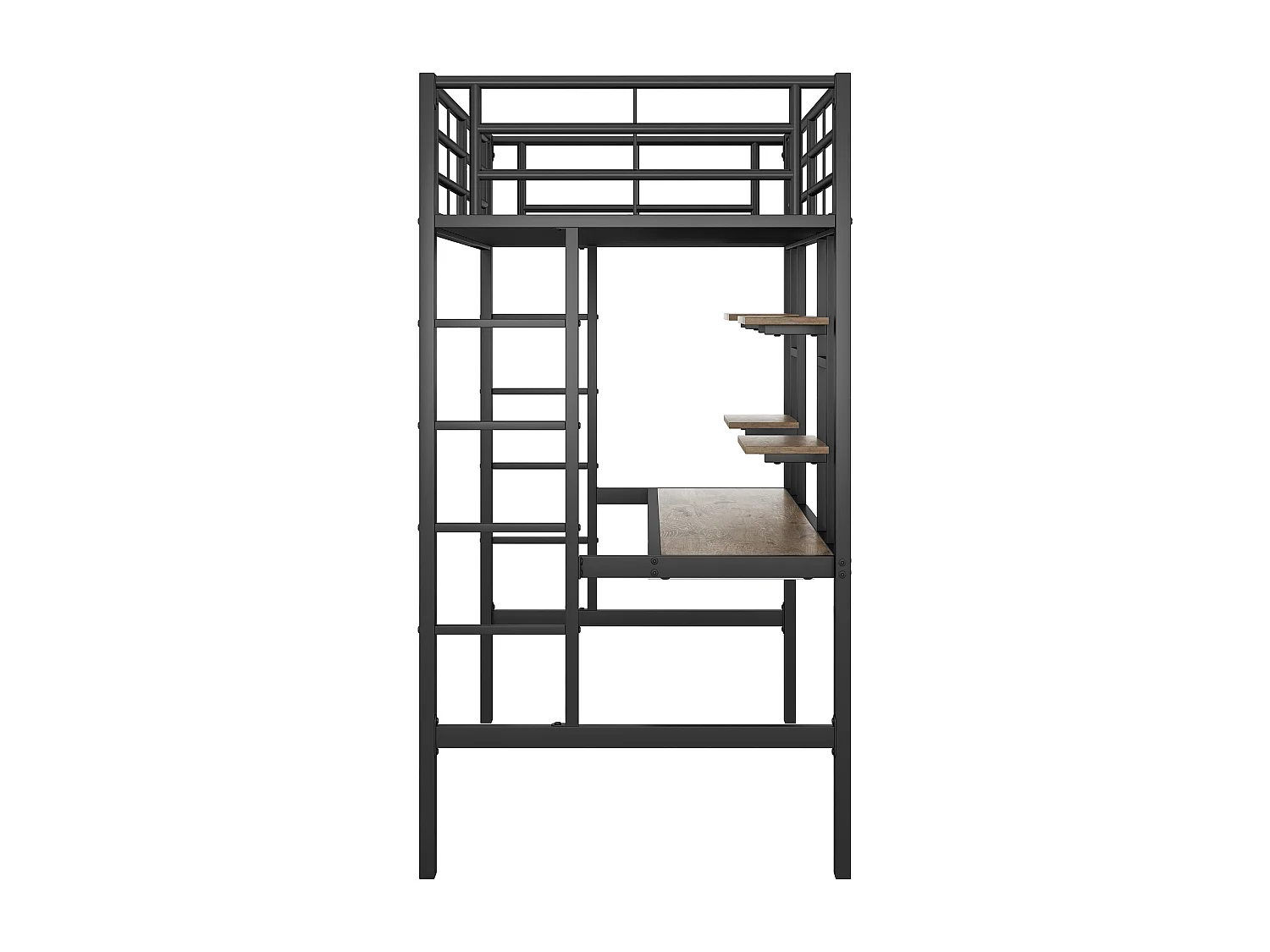 Lit mezzanine 90x200 cm avec sommier - protection anti-chute bureau et 2 étagères - métal - noir (sans matelas)